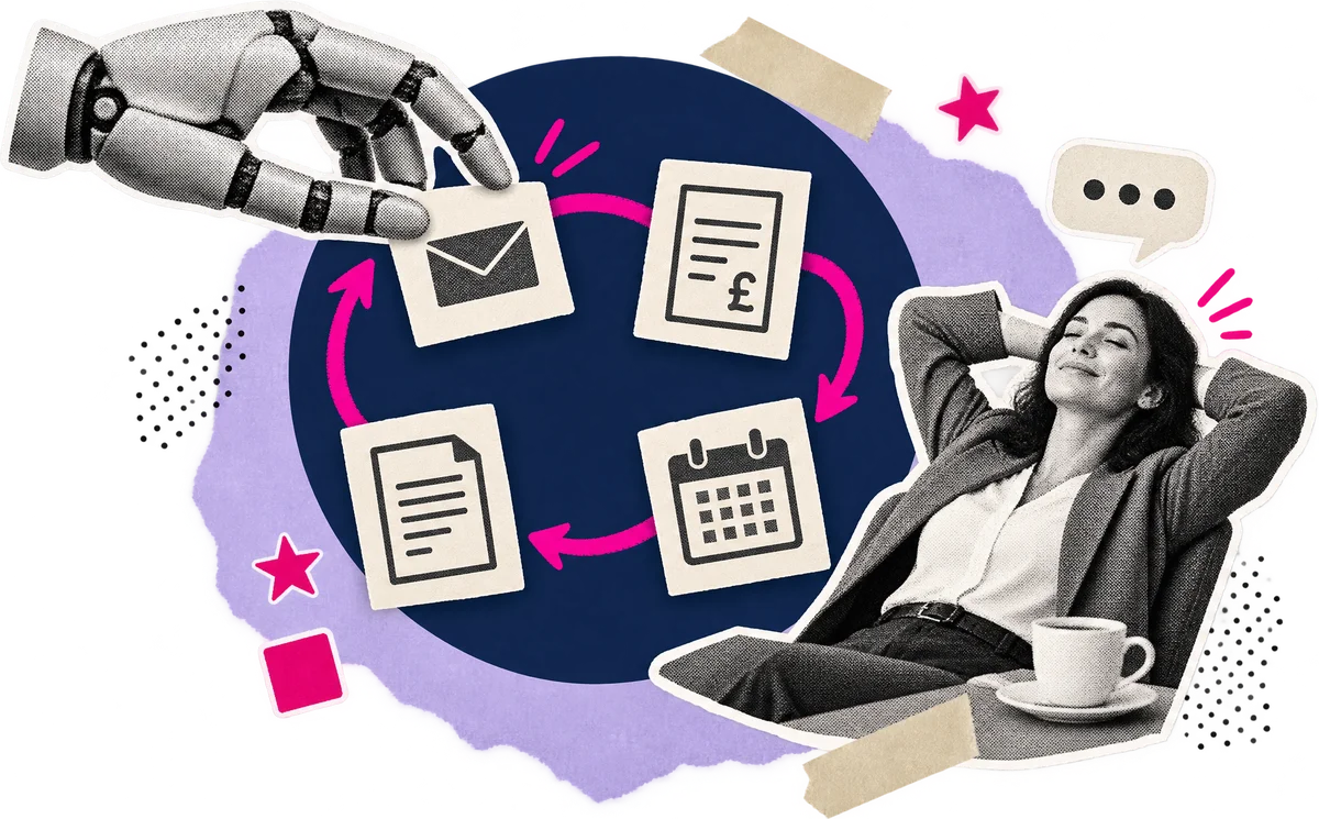 Mixed media collage of a robotic hand moving emails, invoices and calendar cards around a loop while a business owner relaxes with a cup of tea