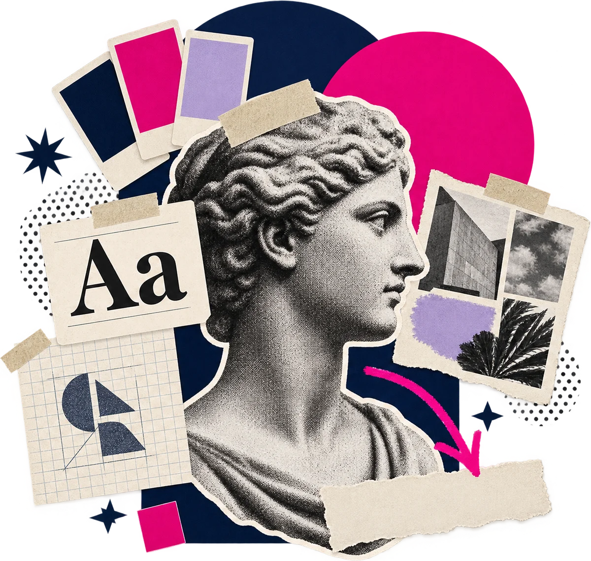 Maximalist collage of a marble bust surrounded by brand colour swatches, a type specimen and a logo sketch
