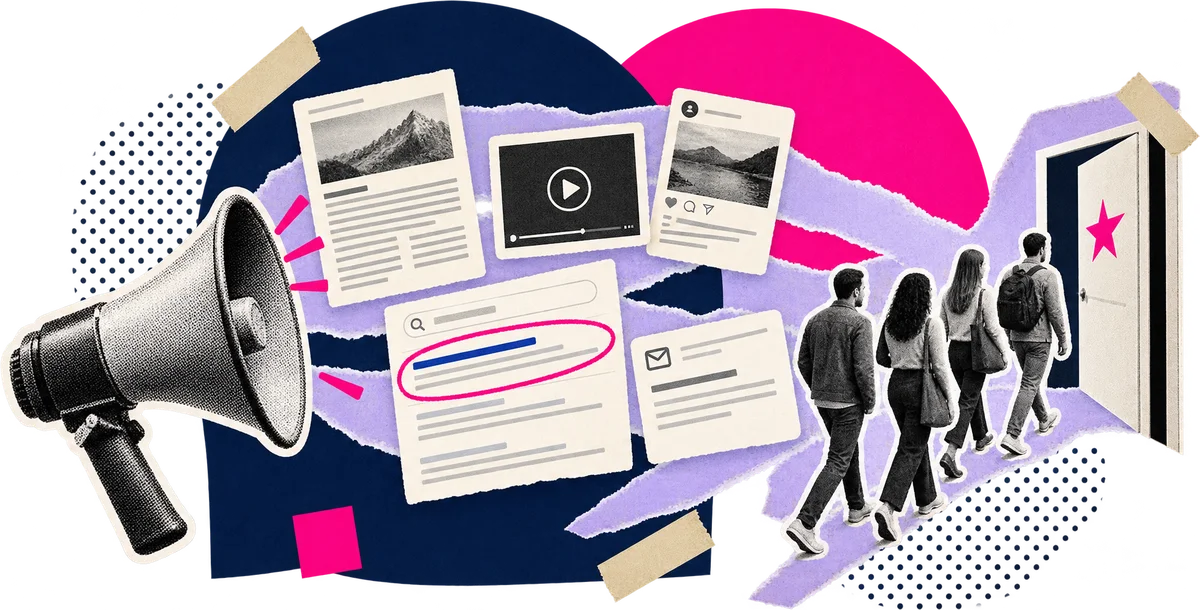 Maximalist collage of a megaphone sending articles, videos, social posts and search results towards people walking through a door