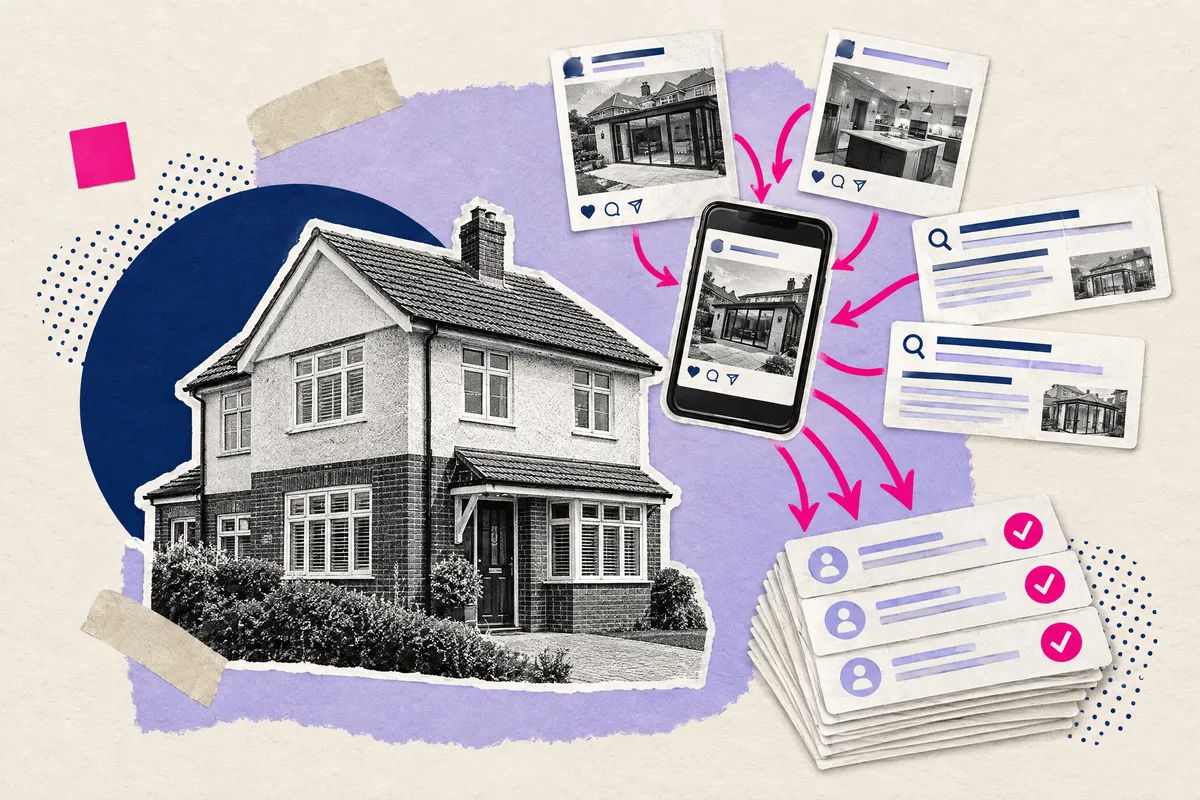 Mixed media collage of a family house with social and search ads flowing into a stack of enquiries