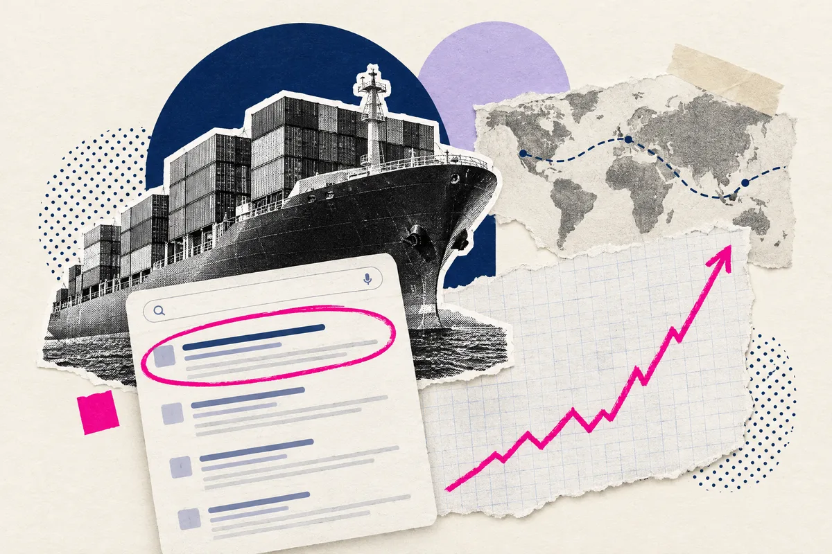 Mixed media collage of a container ship beside a search results card with the top result circled and a rising graph