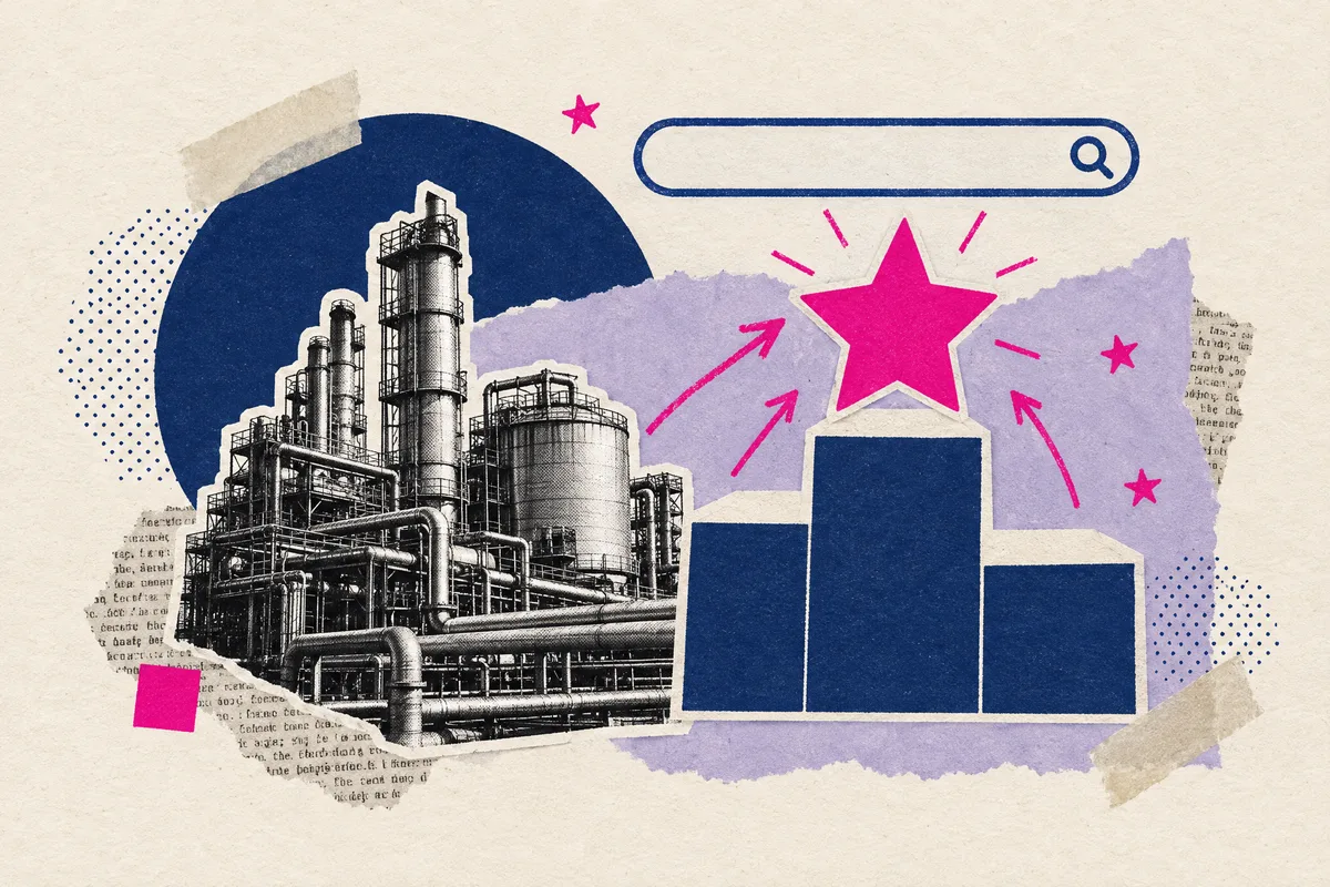 Mixed media collage of an industrial plant beside a search bar and a podium with a star on the top step
