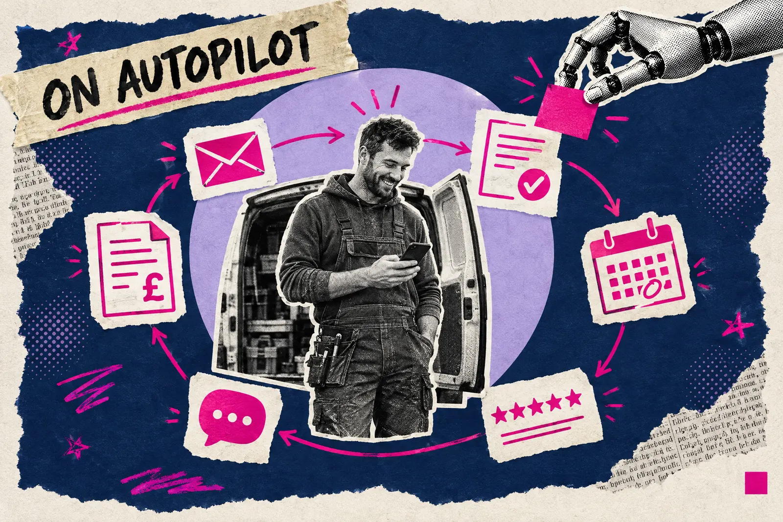 Mixed media collage of a tradesperson by a van as tasks loop round on autopilot