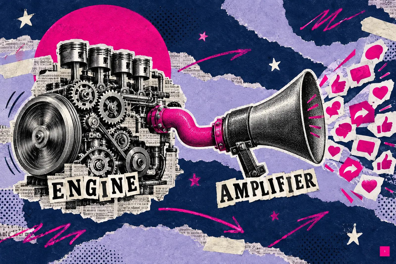 Maximalist collage of an engine built from articles feeding a megaphone that sends out social icons