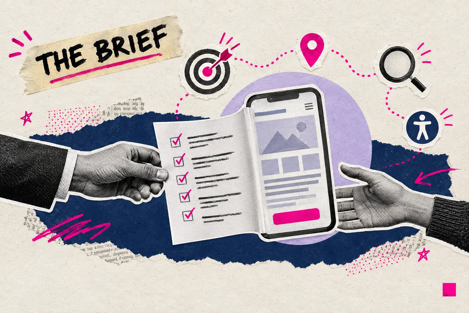 Mixed media collage of a one-page website brief passed between hands and unfolding into a phone wireframe