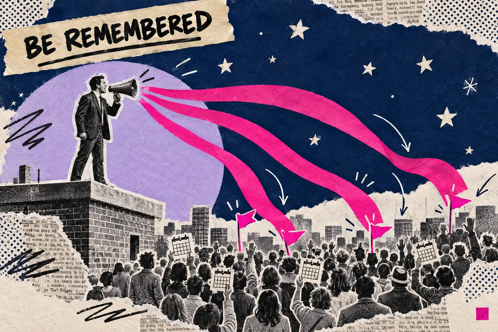 Mixed media collage of an owner with a megaphone as pink flags land in a crowd