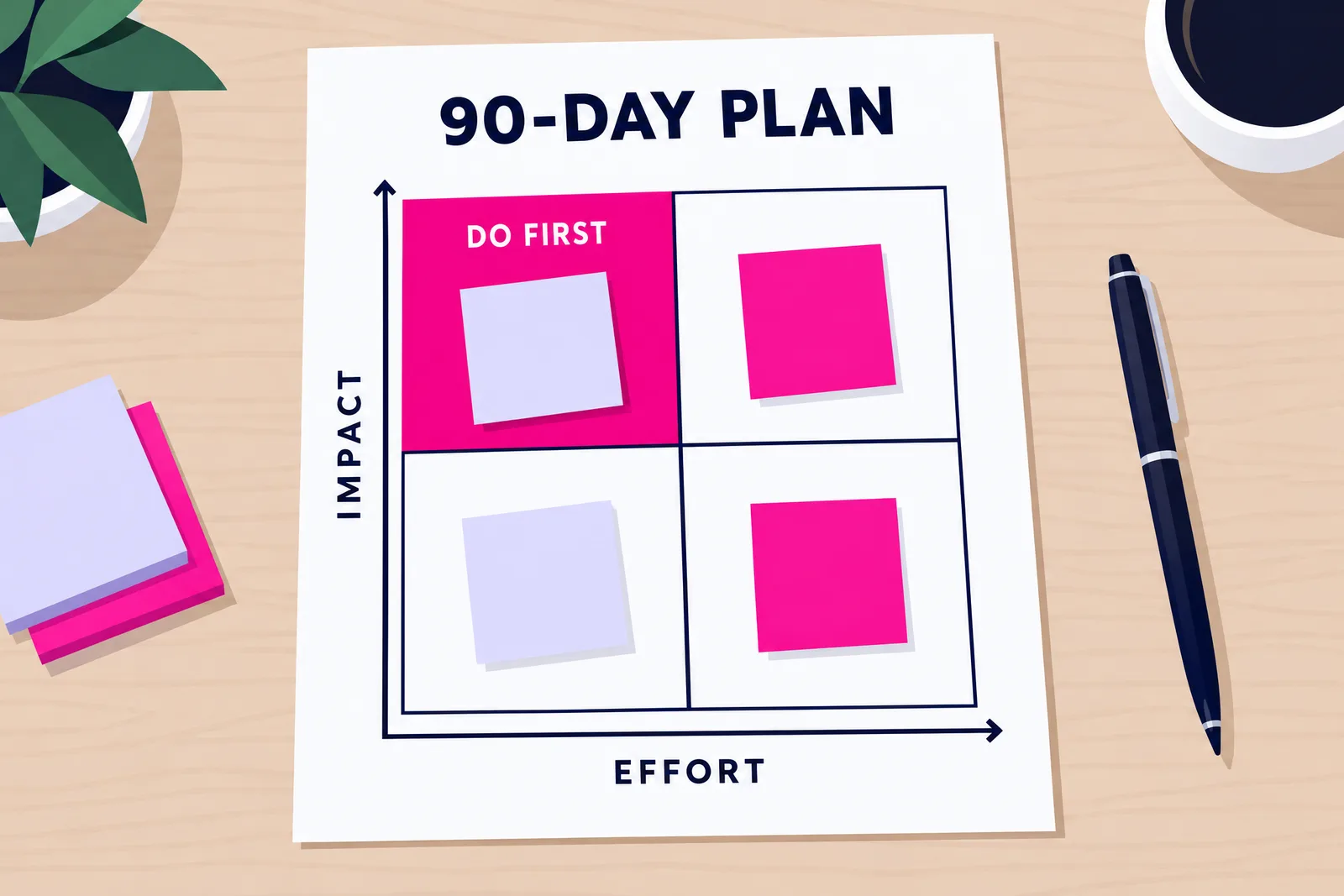 Illustrated 90-day AI action plan grid sorting sticky notes by impact and effort