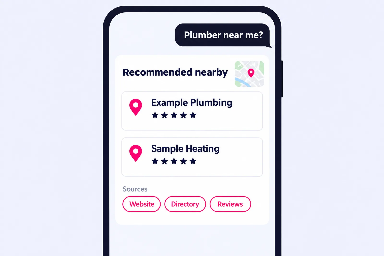 Mock-up of a generic AI assistant answer on a phone recommending two example plumbers with source chips