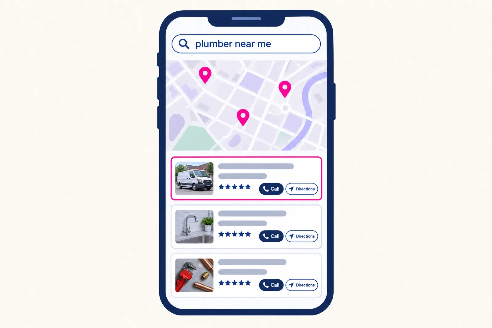 Mock-up of a phone showing a local map search with three business listings, the top one highlighted