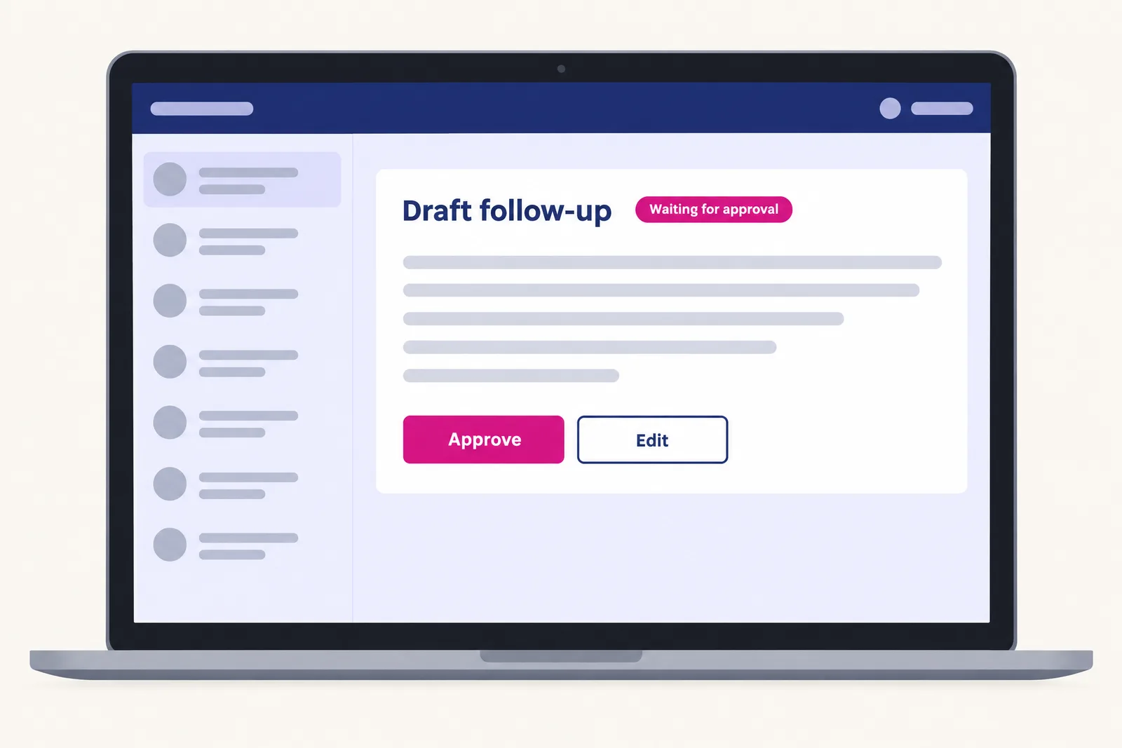 Mock-up of a generic inbox app showing a drafted follow-up message with Approve and Edit buttons
