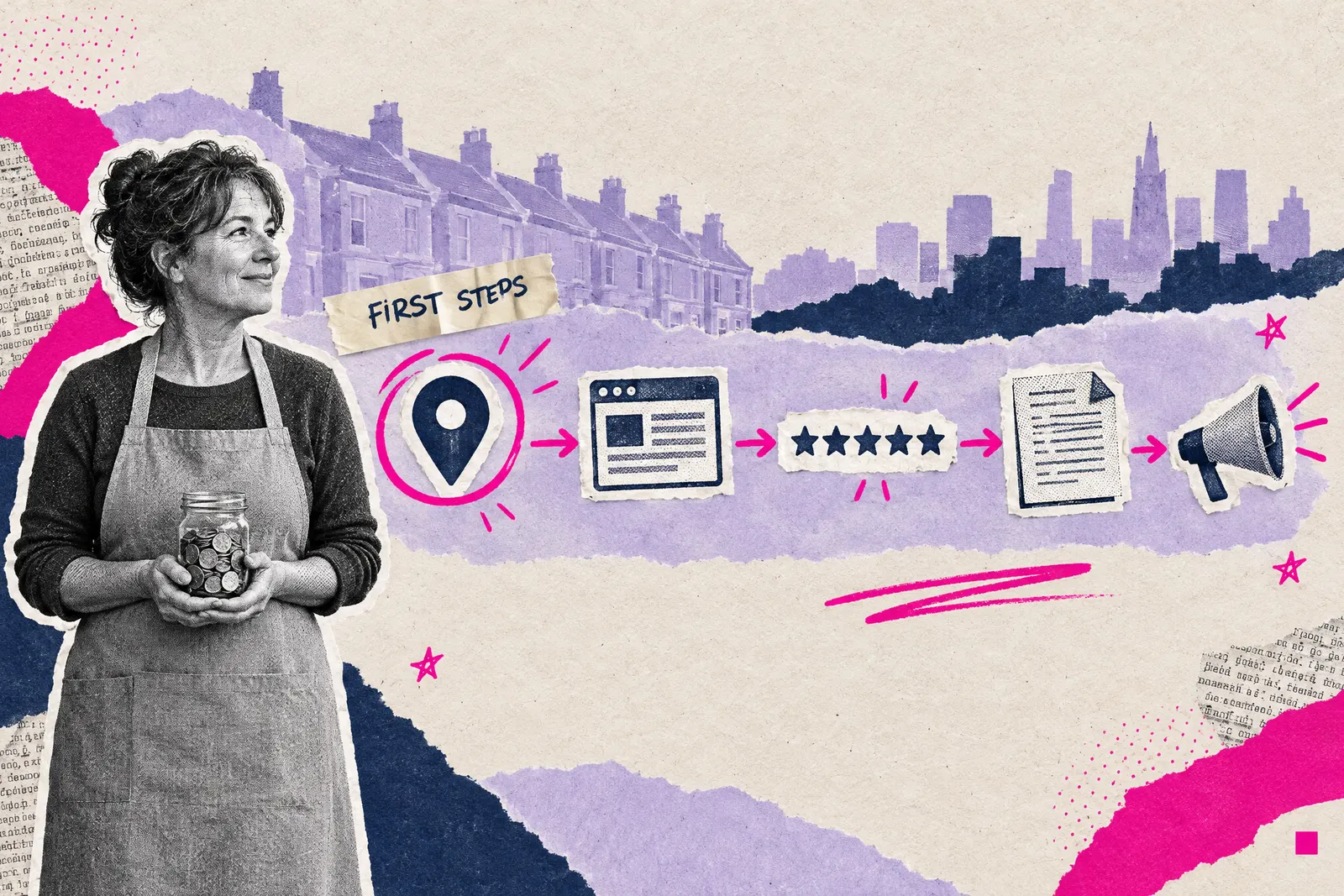 Mixed media collage of a shop owner following magenta arrows from a map pin to a megaphone