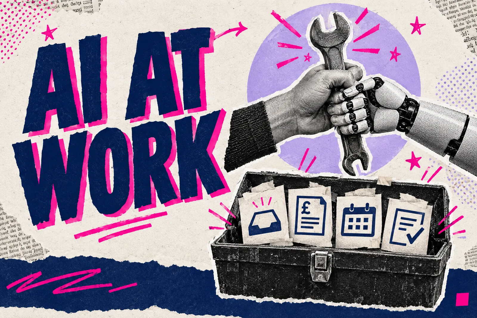 Typographic collage with the words AI AT WORK over human and robot hands sharing a spanner