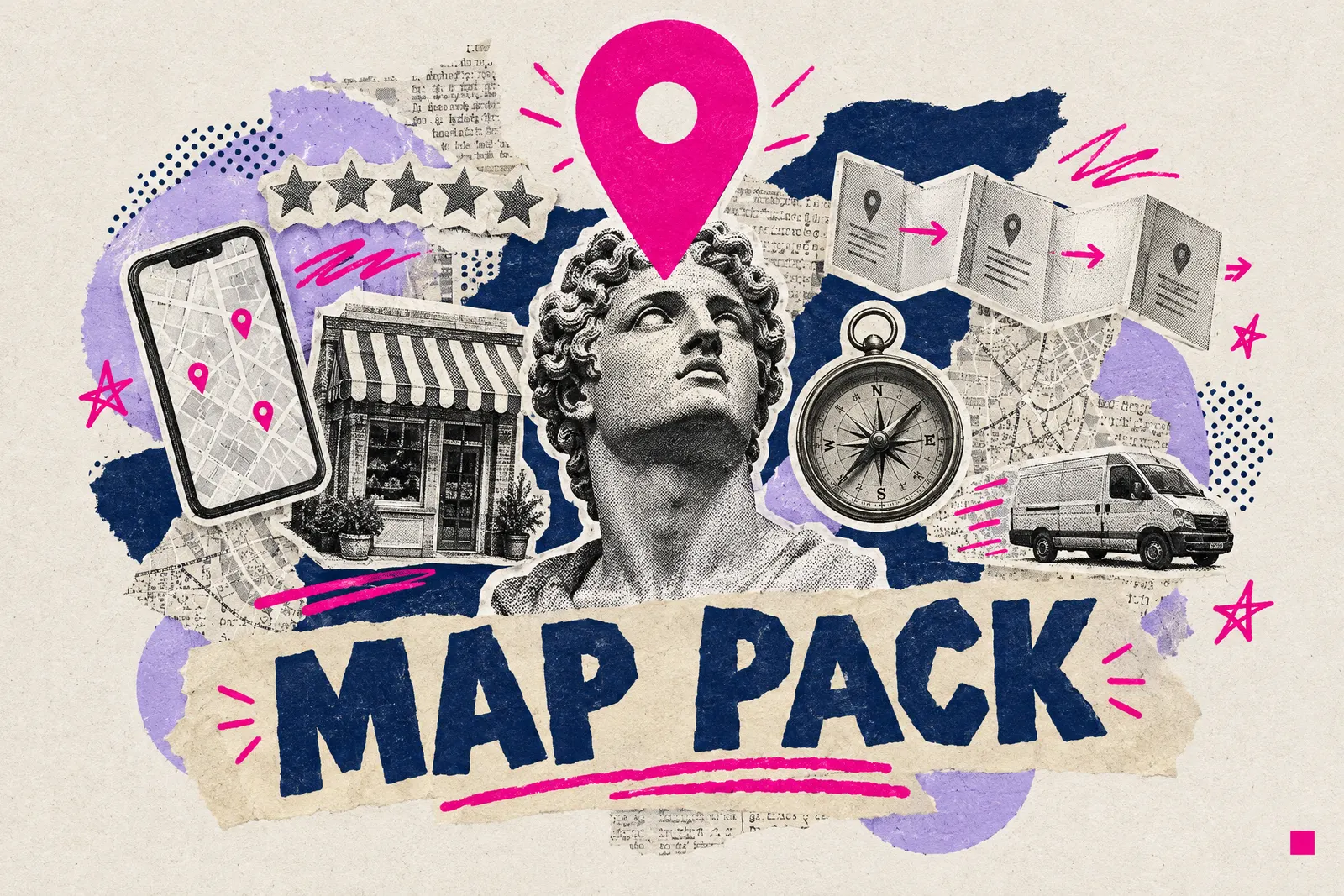 Maximalist collage of a marble bust under a map pin with review stars and the words MAP PACK