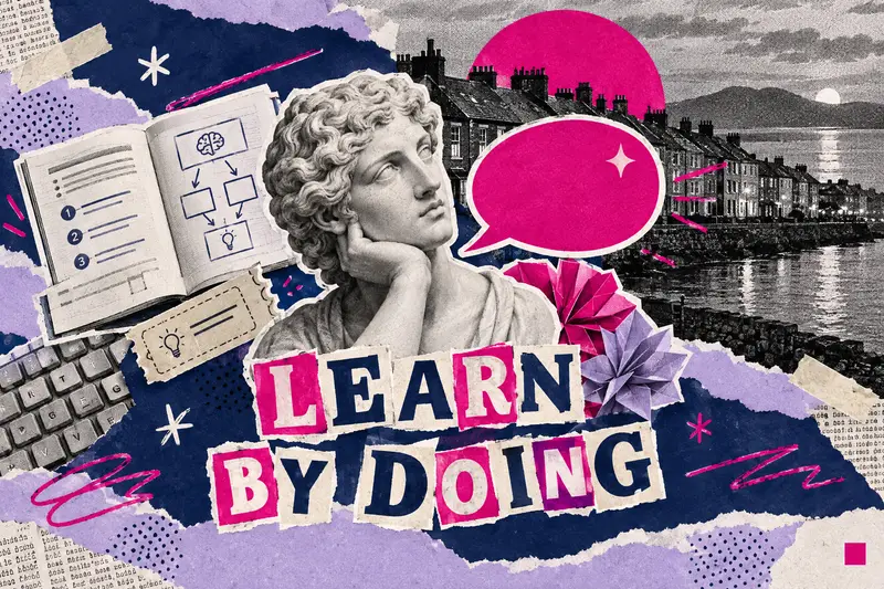 Maximalist collage of a marble bust with AI workshop props and the words LEARN BY DOING