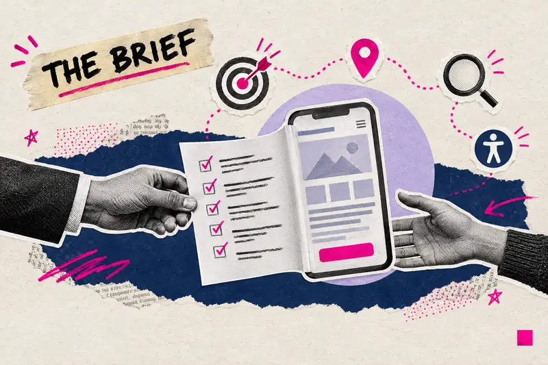 Mixed media collage of a one-page website brief passed between hands and unfolding into a phone wireframe