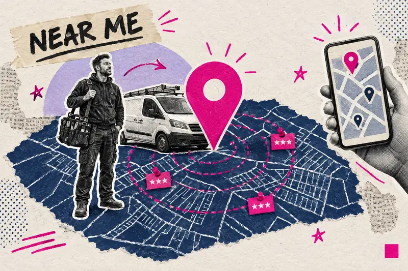 Mixed media collage of an electrician on a street map beside a giant pink map pin