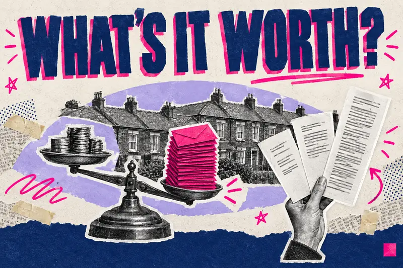 Typographic collage with the words WHAT'S IT WORTH? beside a scale tipping towards enquiries