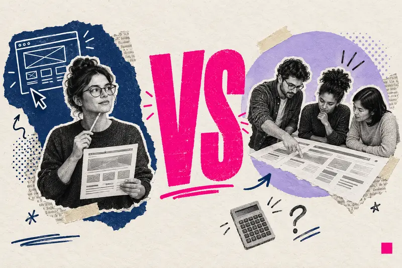 Typographic collage with the word VS between a lone web designer and a small design team