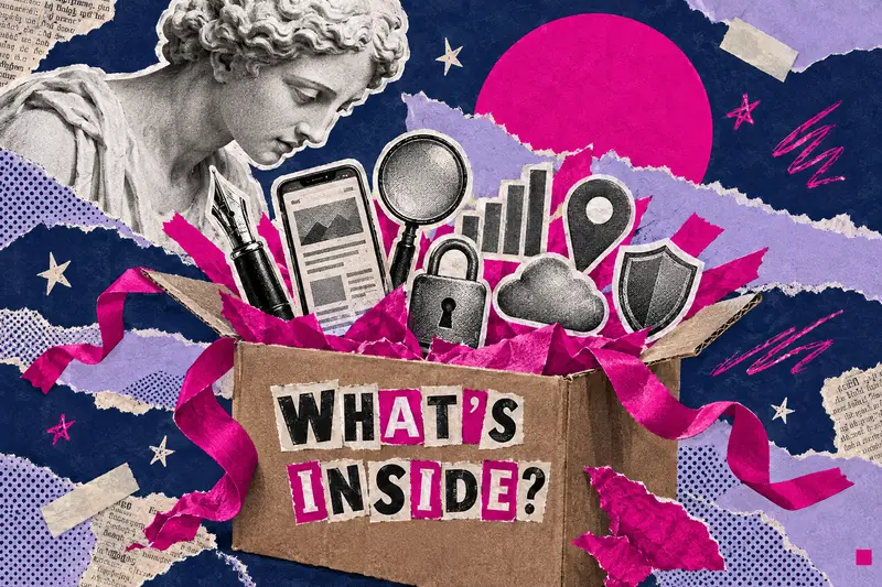 Maximalist collage of a marble bust looking into a parcel bursting with website package essentials