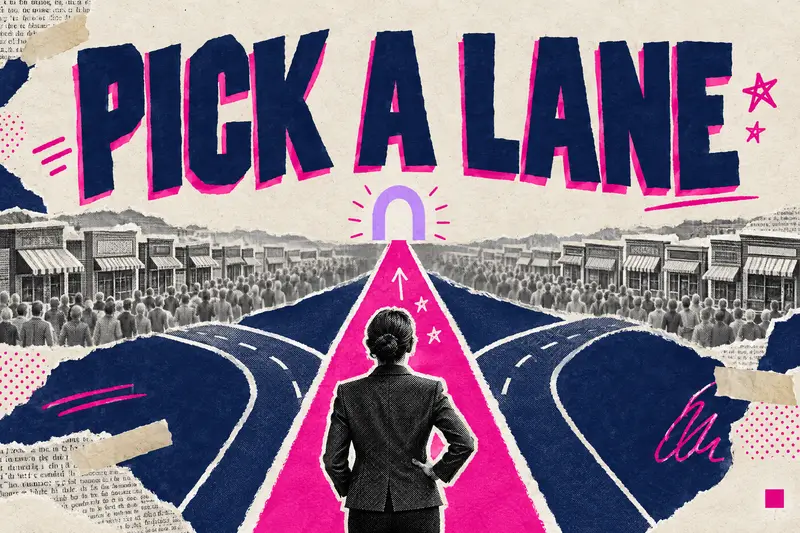 Typographic collage with the words PICK A LANE as an owner chooses one pink road