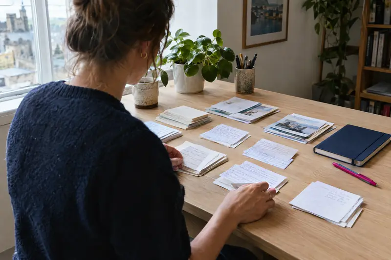 Business owner at a wooden desk sorting printed customer notes into groups beside a navy notebook
