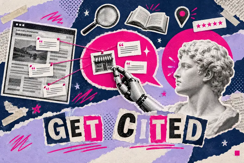 Maximalist collage of a marble bust and an AI answer bubble citing a business web page