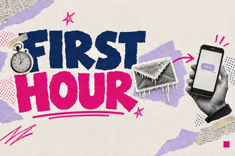 Typographic collage with the words FIRST HOUR beside a frosted enquiry envelope, a stopwatch and a phone