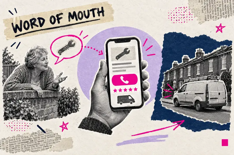 Mixed media collage of a neighbour's recommendation leading to a trades website on a homeowner's phone