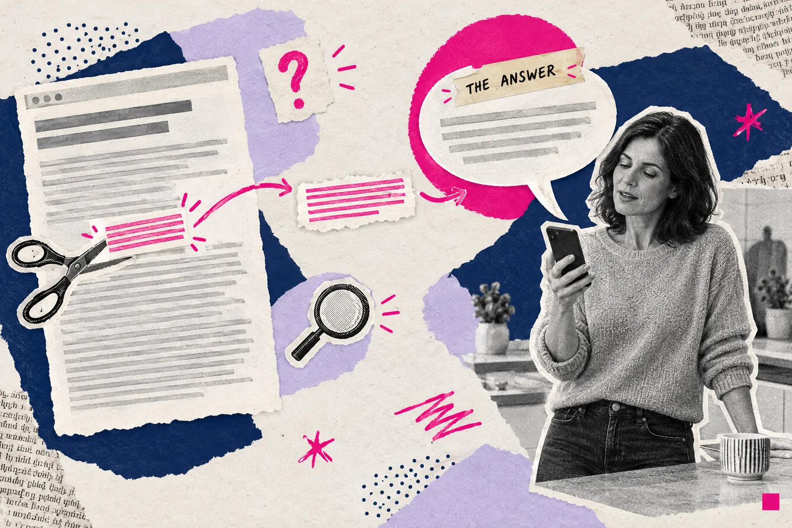 Mixed media collage of scissors cutting one paragraph from a web page into a phone's answer bubble