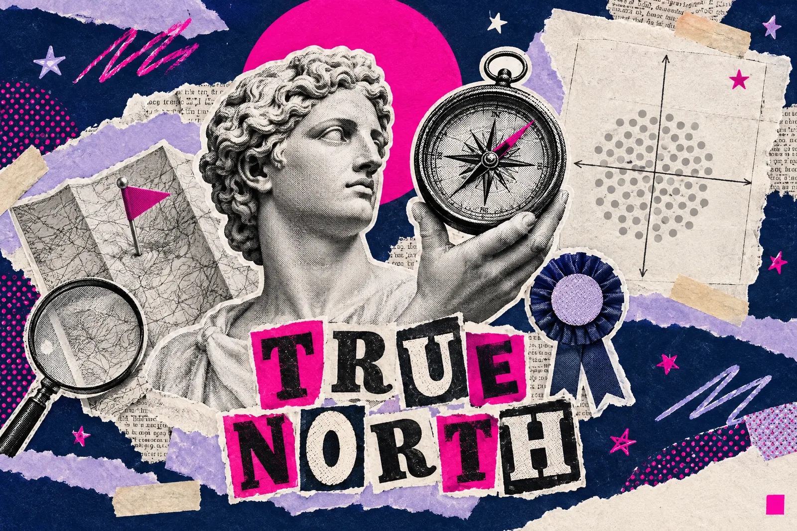 Maximalist collage of a marble bust holding a compass pointing to one star on a map