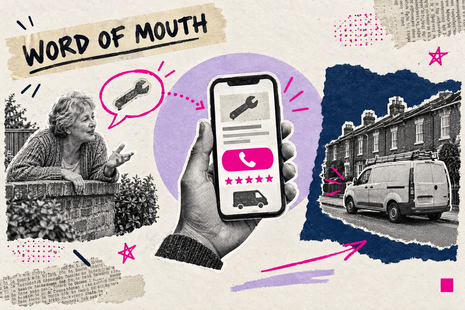Mixed media collage of a neighbour's recommendation leading to a trades website on a homeowner's phone
